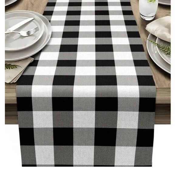 Table Runner 13x72in Black, White & Gray Check Country Farmhouse Polyester NEW - Picture 1 of 2